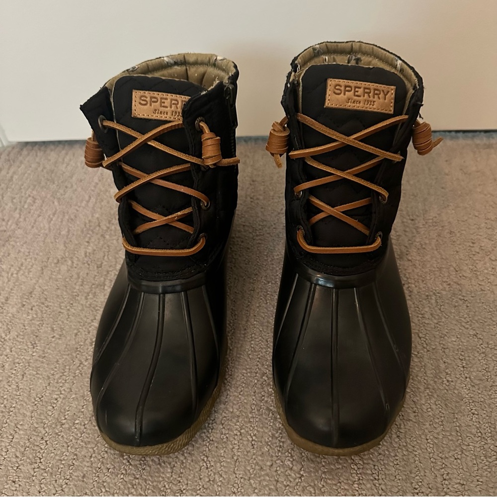 Sperry Black Waterproof Duck Boots with Tan Laces